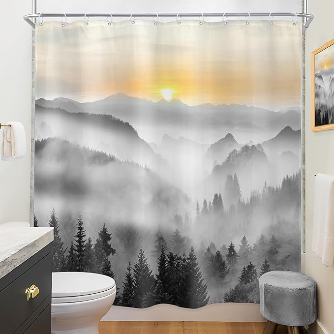 Riyidecor Misty Mountain Shower Curtain 72Wx72H Inch Black Sunrise Foggy Woodland Greenery Smokey Scenery Tree Nature Pine Scenic Rustic Bathroom Decor Fabric Polyester Waterproof 12 Pack Hooks