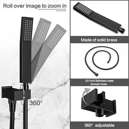 Shower System Rain Shower Faucet Set with Tub Spout,10 inch Bathroom Wall Mounted Waterfall Bathtub Faucet with Handheld Spray and Rough-in Valve Body and Trim kit,Matte Black
