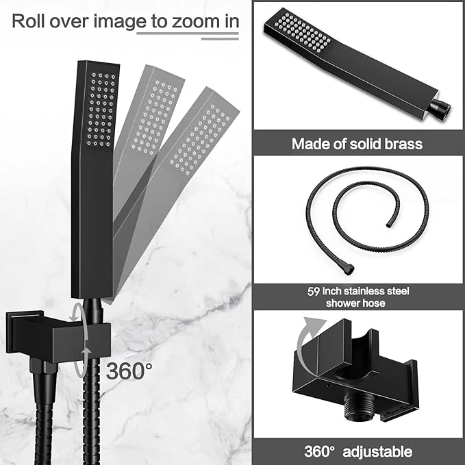 Rain Shower System 12 Inches Shower Head with Handheld Combo Set for Bathroom,High Pressure Rainfall Shower Faucet Set Wall Mounted,Rough-in Valve and Trim Kit(Matte Black)