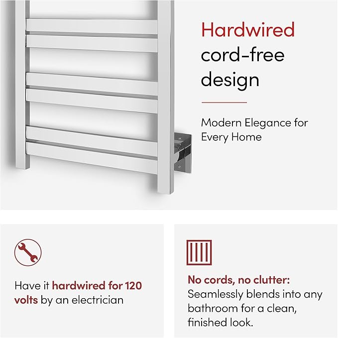 WarmlyYours Heated Towel Warmer Rack, 8-Bar, Hardwired, Integrated On/Off Switch with Light, 304-Stainless Steel (Maple)