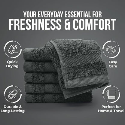 DAN RIVER 12-Pack Premium 100% Cotton Gray Face Towels – Reusable Face Towel Set, Soft & Absorbent Cotton Cloths for Bathroom & Body – Hand and Face Towels, 550 GSM (12x12 in)