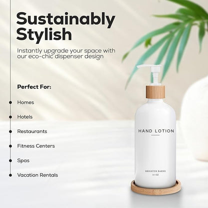 White Glass Lotion Dispenser with Pump Bathroom Set by Brighter Barns - Hand Lotion Dispenser with Tray - Modern Bathroom Decor - Boho Bedroom Decor for Housewarming Gift, Airbnb, Hotel (White)