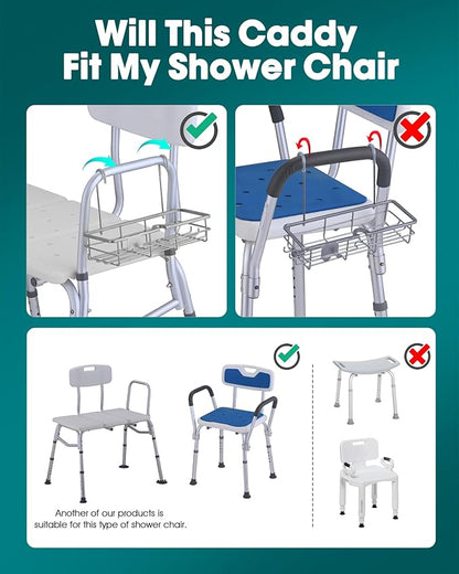 Rustproof Hanging Shower Caddy for Shower Chair, Stainless Steel Bathroom Basket for Bath Chair Bench,Showers Caddy Chair, Shampoo Bottle Holder for Elderly, Pregnant, Handicap, Patient
