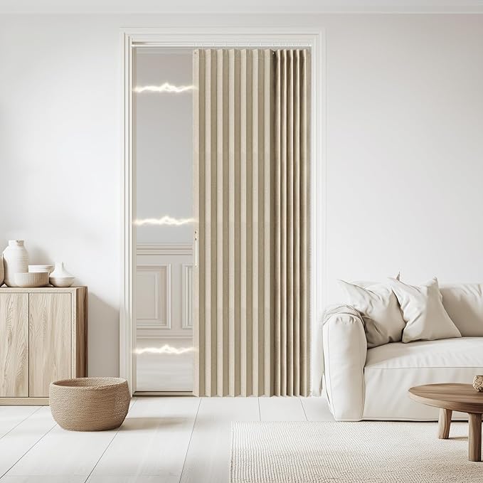 Accordian Door Curtain, 100% Blackout Folding Magnetic Doorway Curtains,Linen Style Closet Doors,for Room Divider,Privacy Protection（W52 x L78,Beige,1 Panel）