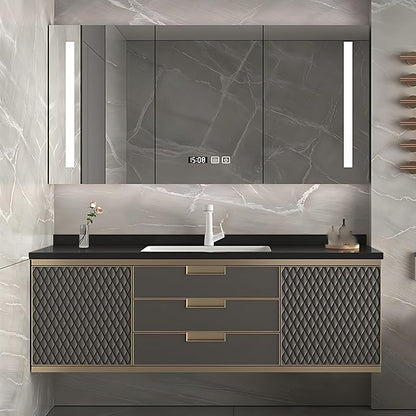 64IN Modern Bathroom Vanity - Wall-Mounted Bathroom Cabinet with LED Light | Intelligent Defogging Mirror Cabinet Includes Time Display Function, 2 Drawers & 2 Storage Cabinets (Style B)
