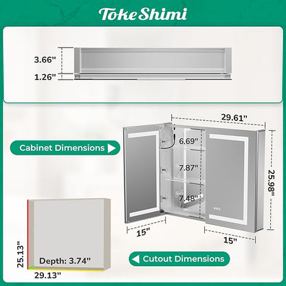 TokeShimi 30x26 Recessed Medicine Cabinet with Lights 3 Color Dimmable and Defogger, Led Medicine Cabinet Mirrored with Outlet Surface or Recessed, Bathroom Mirror with Storage Adjustable