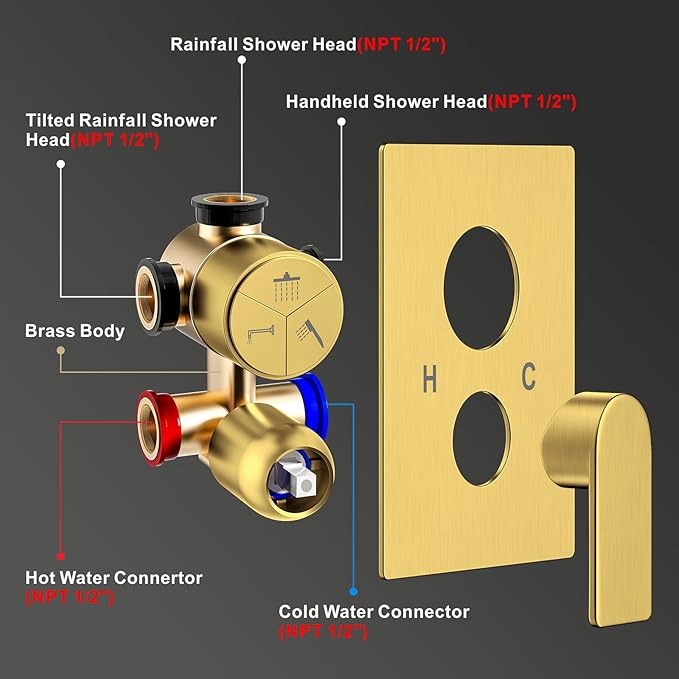 Shower Faucet Set, 3-Setting Push Button Brushed Gold Shower System, 12 Inch Ceiling Mounted Shower Head, 6 Inch Wall Mounted Rain Shower Head with 2 in 1 Handheld Spray, Shower Valve Trim Kit