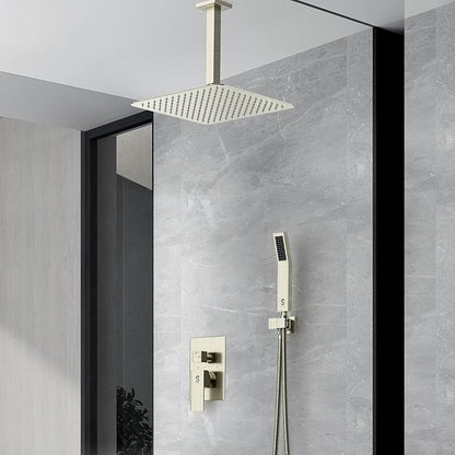 SR SUN RISE 12 Inch Ceiling Mount Brushed Nickel Shower System Bathroom Luxury Rain Mixer Shower Combo Set Ceiling Rainfall Shower Head System Faucet Trim Repair Kits with Rough-in Valve and Trim