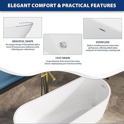Sarlai 67 Inch Acrylic Freestanding Soaking Bathtub Contemporary Soaking White Tub Stand Alone Ergonomic Bathtub with Chrome Drain and Overflow