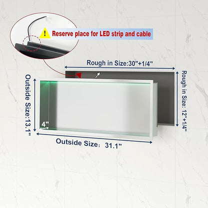 30X12 RGB Shower Niche, Brushed Nickel Stainless Steel LED Recessed Storage, No Tile Needed Wall Niche for Bathroom Storage Over Mount Installation