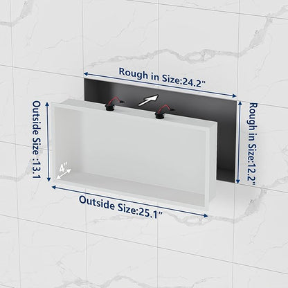 Neodrain Shower Niche with Non-dimmable LED Downlight, 24X12Inch White Stainless Niche No Tile Needed Shower Niche, Built-in Recessed Niche for Bathroom Storage