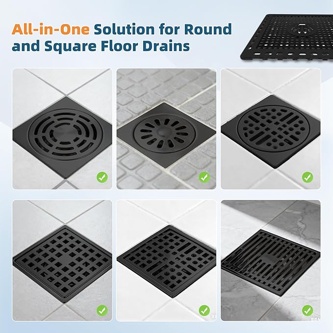 Hibbent Upgraded Shower Drain Hair Catcher, Shower Drain Cover for Bathroom Floor 6" Drain, Anti-Clogging Bathtub Drain Strainer, Stainless Steel Kitchen Sink Drain Strainer with Handle, Matte Black