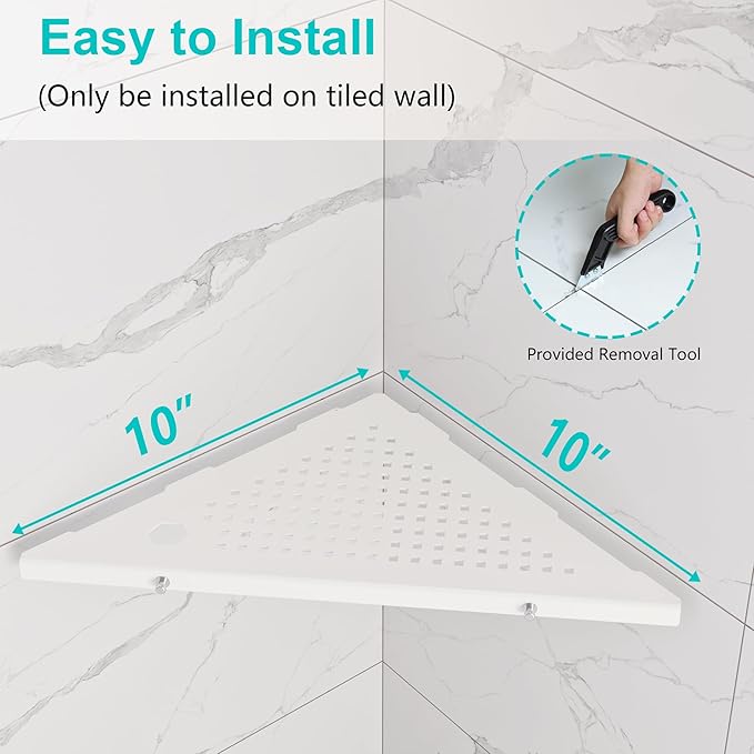 10" Bathroom Corner Shelf, 2 Pack Recessed Shower Shelf Caddy, SUS304 Stainless Steel Shelf Wall Mount Triangular, No Drilling Matte White