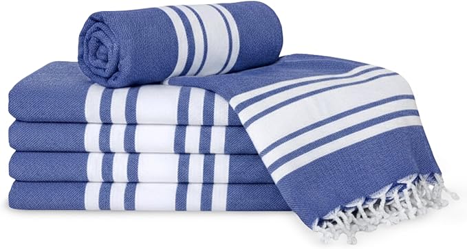 Turkish Cotton Beach Towel Pack of 6 & 1 Boho Tote Bag - Hammam Towels - No Shrink - Quick Dry - Lightweight - Sand Free - Camping - Pool - Tanning - Beach Essentials - Dark Blue (40"x70")
