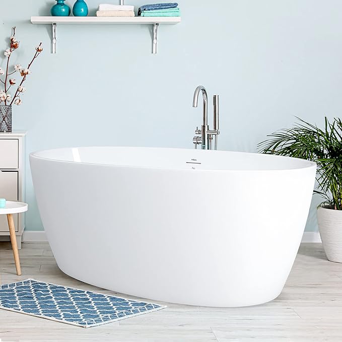 FerdY Tahiti 59" Acrylic Freestanding Bathtub, Elegant Oval Shape Bathtub, Glossy White, Brushed Nickel Drain & Integrated Slotted Overflow Assembly Included cUPC Certified, 02119