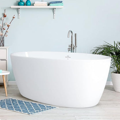 FerdY Tahiti 59" Acrylic Freestanding Bathtub, Elegant Oval Shape Bathtub, Glossy White, Brushed Nickel Drain & Integrated Slotted Overflow Assembly Included cUPC Certified, 02119