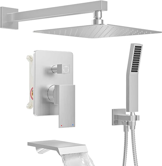 Shower System with Tub Spout, All Metal Tub Shower Faucet Set with 12-Inch Rain Shower Head and Handheld Spray combo, Wall Mounted Shower Combo Set with shower valve and Trim kit,Brushed Nickel