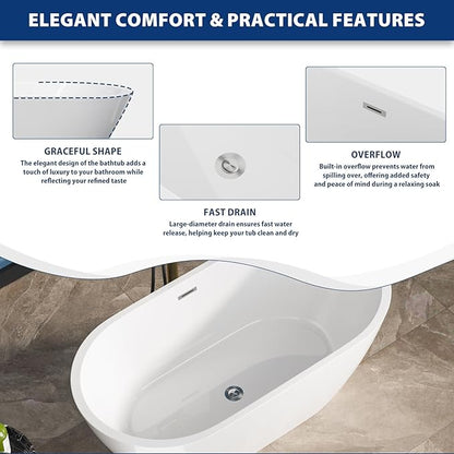 Sarlai 59 Inch Acrylic Freestanding Soaking Bathtub Contemporary Soaking White Tub Stand Alone Ergonomic Bathtub with Chrome Drain and Overflow