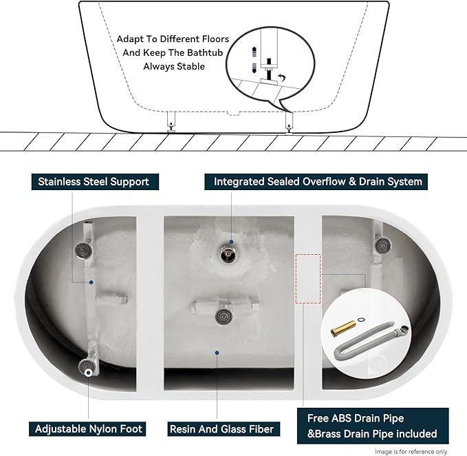 FerdY 67" Bali Acrylic Freestanding Bathtub, Gracefully Shaped Freestanding Soaking Bathtub, cUPC Certified, Toe-Tap Brushed Nickel Drain and Minimalist Linear Design Overflow Included
