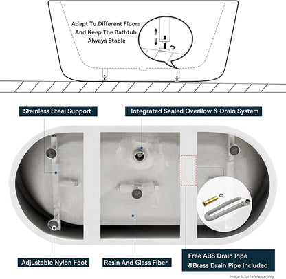 FerdY 67" Bali Acrylic Freestanding Bathtub, Gracefully Shaped Freestanding Soaking Bathtub, cUPC Certified, Toe-Tap Matte Black Drain and Minimalist Linear Design Overflow Included