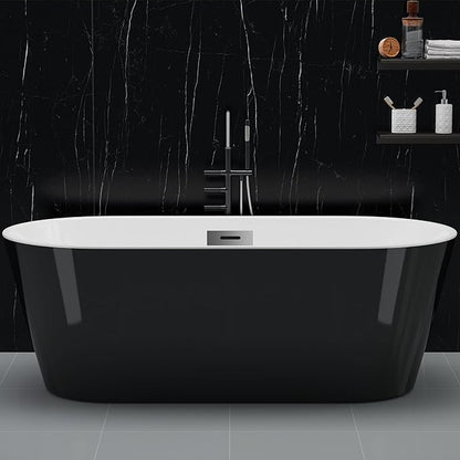 59" Acrylic Soaking Bathtub, Deep Modern Tub with Non-Slip Base, CUPC Certified, Space-Saving Bath with Chrome Drain and Overflow, Easy Install for Small Bathrooms, Black
