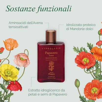 L'Erbolario Shower Gel – Antioxidant and Moisturizing Body Wash – Toning Body Soap for Sensitive Skin - Floral Amber Fragrance - Sweet Poppy - 8.4 oz