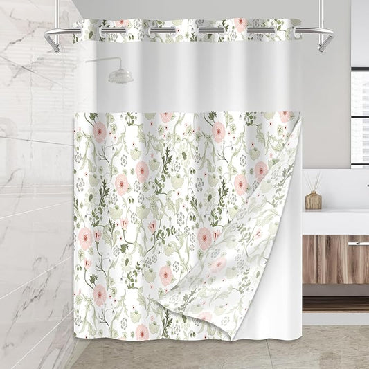 No Hook Shower Curtain Set with Snap in Fabric Liner for Bathroom,with See Through Top Window,Double Shower Curtain with Detachable Liner Replacement,Machine Washable,Green Floral,71"x 74"