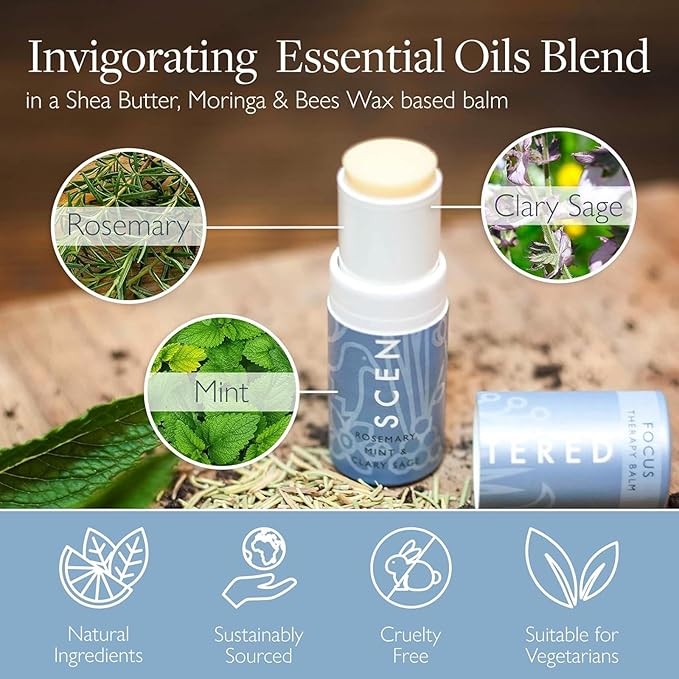 Scentered Aromatherapy Balm Stick for Focus & Concentration - Roll On Essential Oils Blend - Rosemary, Mint, Clary Sage in Shea Butter - Self-Care Stocking Stuffers for Women