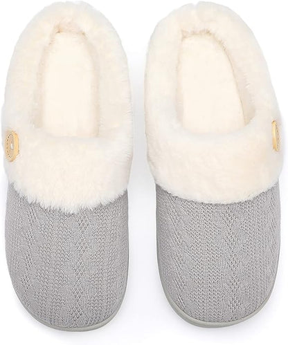 Chantomoo Womens Slipper Warm Comfy Memory Foam House Slippers Knitted Shoes Faux Fur Lined Anti-Skid Rubber Sole Bedroom Cozy Indoor Outdoor Slippers