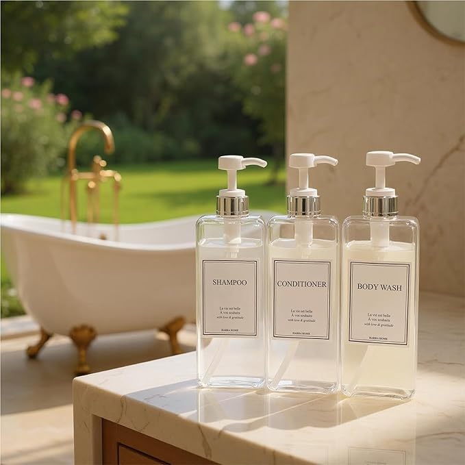 Modern Design Shampoo and Conditioner Dispenser, Large 27oz Shower Soap Dispenser, Set of 3 Refillable Empty Plastic Pump Bottles for Bathroom, 6 Waterproof Labels Included, (Clear & Silver)