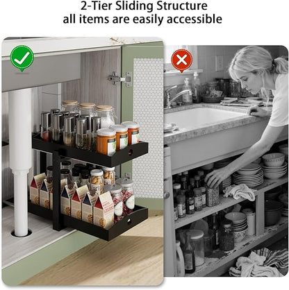 Bamboo Wood Under Sink Organizer 1 Pack, Pull Out Cabinet Organizer 2 Tier Under Sink Organizers and Storage with Sliding Drawer Sturdy Easy Assembly for Kitchen Bathroom Undersink (Black, 2 Packs)