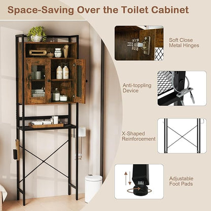 Tangkula Over The Toilet Storage Cabinet, 5-Tier Space Saver Above Toilet with 2 Mesh Doors, Metal Stand, Toilet Paper Holder & Hook, Freestanding Bathroom Cabinet Organizer for Laundry, Rustic Brown
