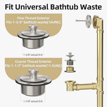 Brushed Nickel Bathtub Drain, Hair Catcher and 2-Hole Overflow Faceplate, 11.5/16 UNC, Lift and Turn Bathtub Drain Replacement, Tub Drain Stopper