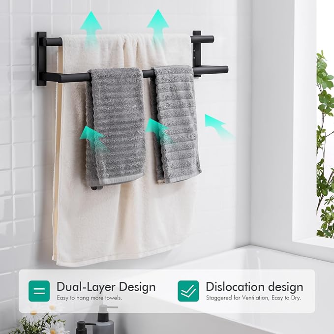 BAGNOLUX Double Towel Bar, SUS304 Towel Racks for Bathroom Wall Mounted 2-Tiers Ladder Towel Rails, Space Saving Bathroom Towel Holder Shelves Rack, Long Towel Hanger (24"-Square-Matte Black)