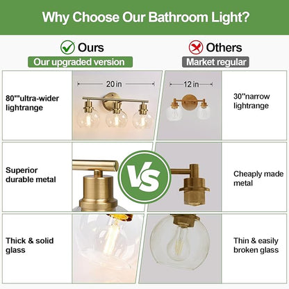 2025 Upgrade 3-Light Bathroom Light Fixtures, Brushed Brass Bathroom Lights Over Mirror with Clear Glass Globe Shade, Vanity Lights for Bathroom Kitchen Living Room Hallway Cabinet Bedroom Porch