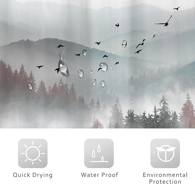 Riyidecor Red Black Mountain Shower Curtain 60Wx72H Inch Nature Woods Scenery Foggy Scenic Landscape Woodland Rustic Landscape Natural Bathroom Decor Fabric Polyester Waterproof 12 Pack Hooks