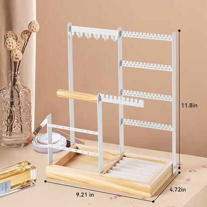 DreamGenius Jewelry Organizer Stand with Velvet Ring Holder, 4 Tier Jewelry Holder Organizer with 11 Hooks for Necklaces and 132 Holes for Earrings, White