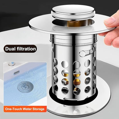 Beruth Bathroom Sink Stopper Hair Catcher, 304 Stainless Steel Pop Up Drain Strainer for 1.1''~2.36'' Basin, Upgraded Silent & Odor-Proof Design, Removable Filter Basket & Easy Install（All Metal）