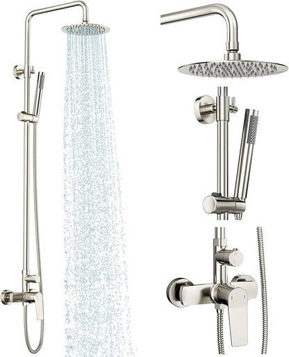 Rainsworth Outdoor Shower Kit Brushed Nickel - Single Handle Brass Valve, 8 Inch Rain Shower Head and Handheld Spray Shower Fixture Combo, 304 Stainless Steel Wall Mount