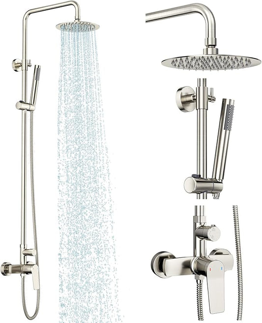 Rainsworth Outdoor Shower Kit Brushed Nickel - Single Handle Brass Valve, 8 Inch Rain Shower Head and Handheld Spray Shower Fixture Combo, 304 Stainless Steel Wall Mount