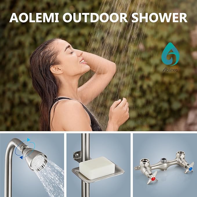 Aolemi Outdoor Shower Kit,Outdoor Shower Fixtures Faucet System with Brass Showerhead,Double Handle Exposed Shower with Brass Mix Valve,6 Inch Center with Soap Dish,Pipe Upward,Brushed Nickel