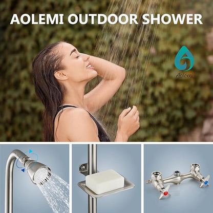 Aolemi Outdoor Shower Kit,Outdoor Shower Fixtures Faucet System with Brass Showerhead,Double Handle Exposed Shower with Brass Mix Valve,6 Inch Center with Soap Dish,Pipe Upward,Brushed Nickel