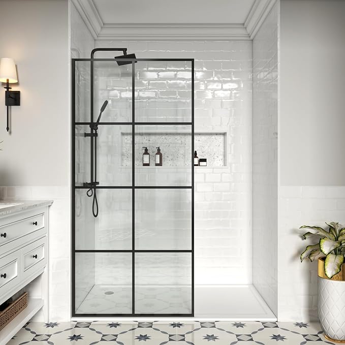 30" W x 76" H Frameless Shower Screen, Fixed Glass Panel for Walk-In Shower, 3/8" Tempered Glass, Grid Pattern Design