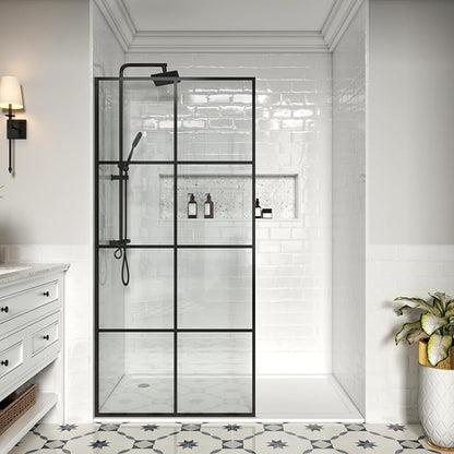 36" W x 76" H Frameless Shower Screen, Fixed Glass Panel for Walk-In Shower, 3/8" Tempered Glass, Grid Pattern Design