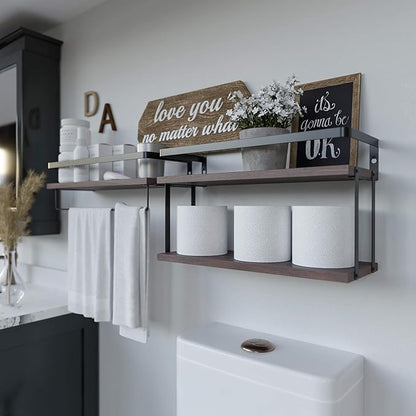 RICHER HOUSE 2+1 Tier Wall Mounted Floating Shelves Set of 2, Rustic Wood Shelf with Metal Frame, Extra Storage Rack for Bathroom, Kitchen, Bedroom with Tissue Rack & Towel Bar - Rustic Brown