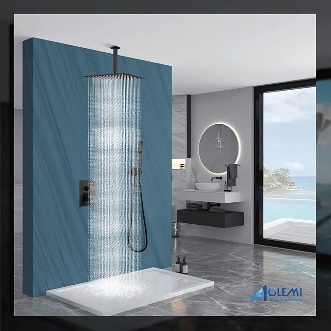 Aolemi Ceiling Mount Shower System Rain Shower Head with Handheld Spray High Pressure Shower Faucet Set Rough-in Valve Shower Trim Kit Included Bathroom Oil Rubbed Bronze 16 Inch Ceiling Shower Head