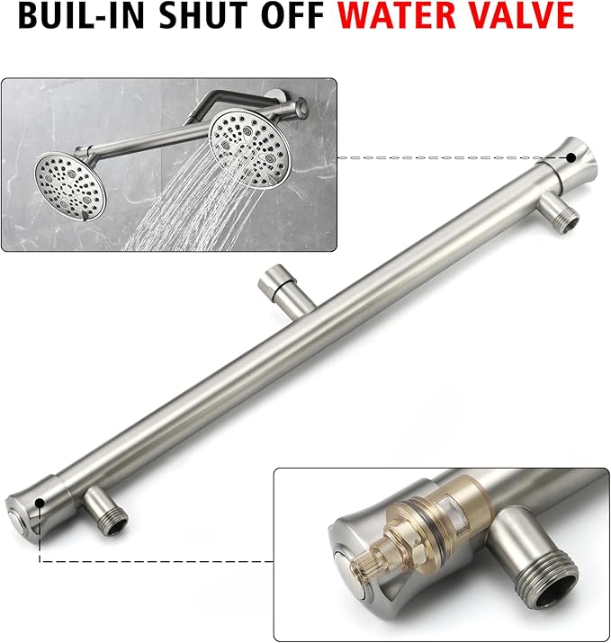 sumerain Dual Shower Head Combo Set for Couples,Brushed Nickel High Pressure 6 Spray Settings Showerhead,20 Inch Long Shower Arm