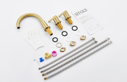 SITGES Brushed Gold High-Arc Bathtub Faucet,Solid Brass,2-Handle Deck Mount Tub Faucet,3-Hole Roman Bath Tub Faucet Set with Valve