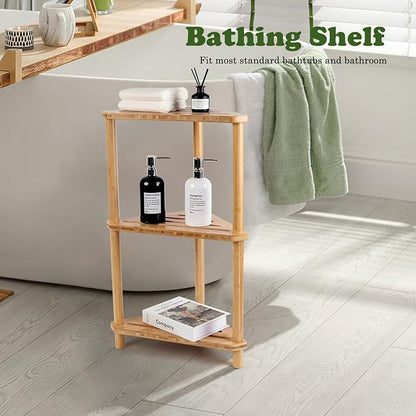Bamboo Corner Shower Caddy Stand 3-Tier Waterproof,Free Standing Bathroom Corner Shelf Shower Stool Organizer for Inside Shower,Space-Saving Storage Shower Shelves with Anti-Slip Feet