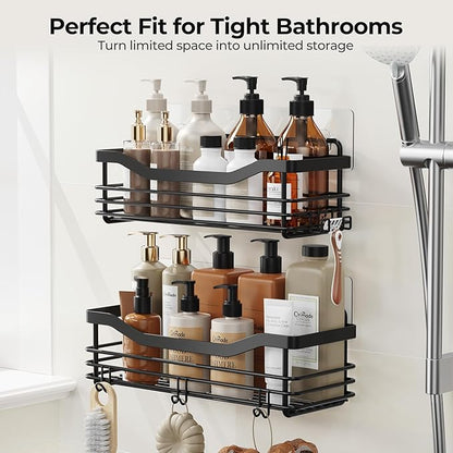 Orimade Adhesive Shower Caddy Shelf with 5 Hooks Organizer Storage Rack Rustproof Wall Mounted Stainless Steel No Drilling for Bathroom, Toilet, Kitchen - 2 Pack,Black
